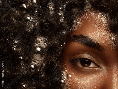 Authentic Black Woman's Hair in Lather, Extreme Close-Up