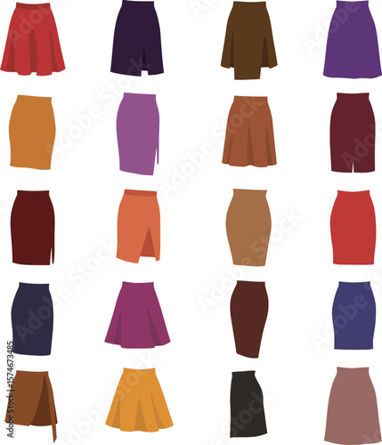 Vector illustration set of diverse women's skirts in various styles, lengths, and colors, including A-line, pencil, and pleated designs, representing fashion, versatility, and female apparel.