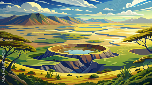 Ngorongoro Crater, Tanzania – Massive caldera fills with grassland, dotted by grazing wildlife and acacia trees. Sunlit rim offers dramatic panorama.