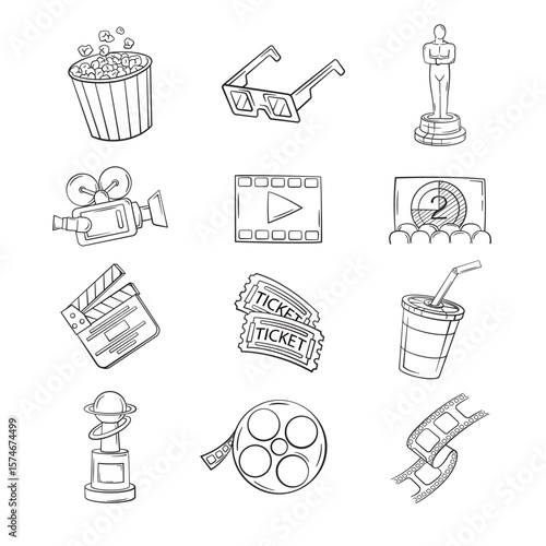 Hand-Drawn Entertainment Icons Featuring Popcorn, Film Reel, Tickets, and Camera