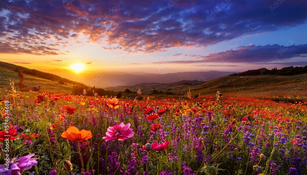 Obraz premium vibrant floral landscape at sunset nature art colorful views