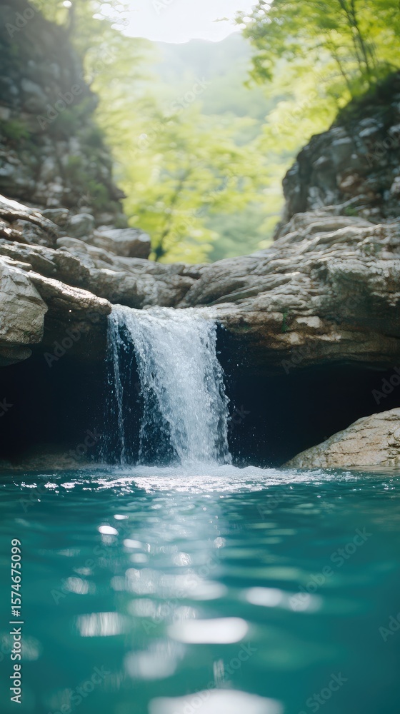 Naklejka premium A tranquil waterfall cascading into a crystal-clear pool nestled within a lush mountain gorge