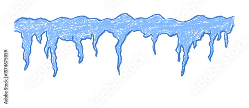 Icicle shelf drawn by children. Blue pastel wax squiggle strokes on a blackboard background mimic charcoal sketch. Simple vector doodle collage elements for school or kindergarten use.