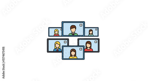 A graphic representation of a video conference with multiple participants.