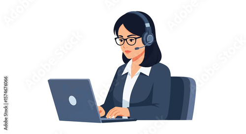 Businesswoman working on laptop at office desk smiling with glasses and professional look