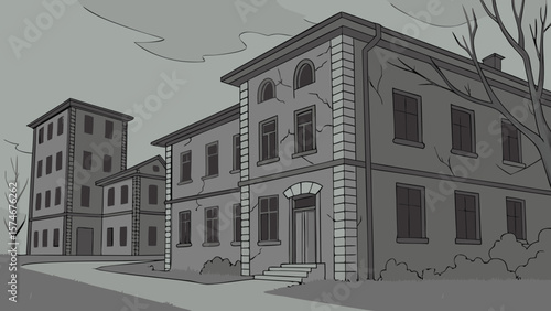 Illustration of a dilapidated gray building with multiple windows and a path leading to it in a landscape