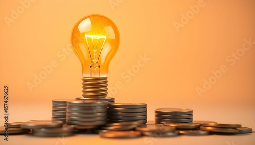 Illuminated idea:  A glowing lightbulb rests atop stacks of coins, symbolizing financial innovation or a brilliant money-making concept.