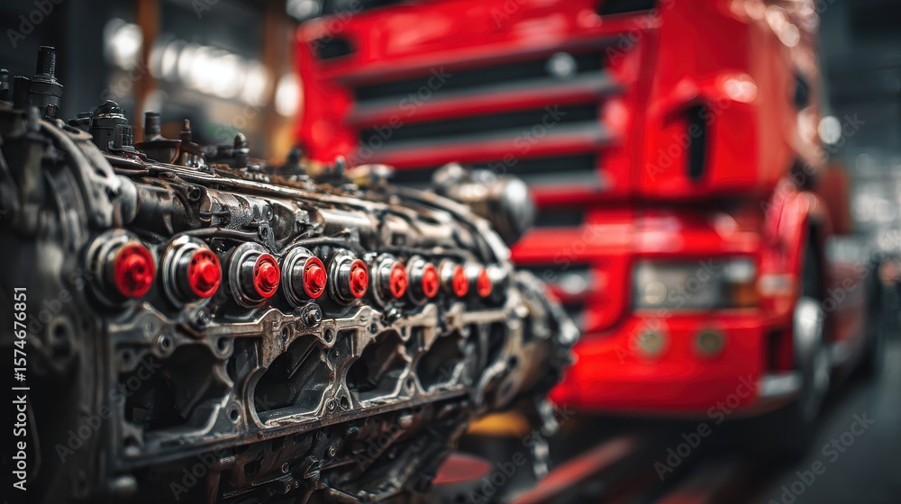 Fototapeta premium High quality photo of high-Quality Stock image of disassembled truck engine in repair service. Heavy machinery, diesel motor vehicle part close-up. Red truck blurred background.