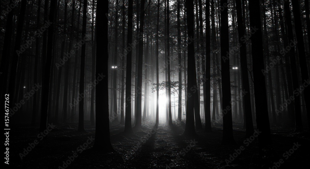Fototapeta premium Eerie monochrome forest scenery with dense trees casting dark shadows in black and white