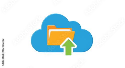 Cloud storage service depicting file upload;  a folder icon is being uploaded to a stylized cloud.