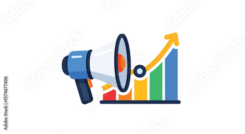 A megaphone broadcasting a message toward a growing financial graph.
