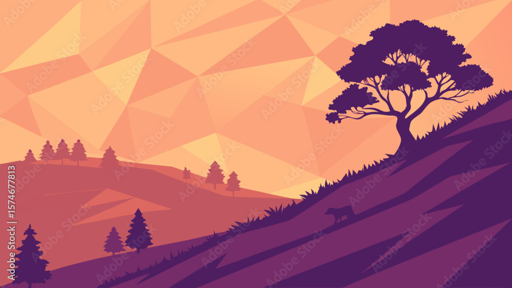 Fototapeta premium Triangular low-poly mountain hills in sunset gradient (orange to purple), faceted crystal-like terrain, abstract digital art, isometric view, vibrant vector style