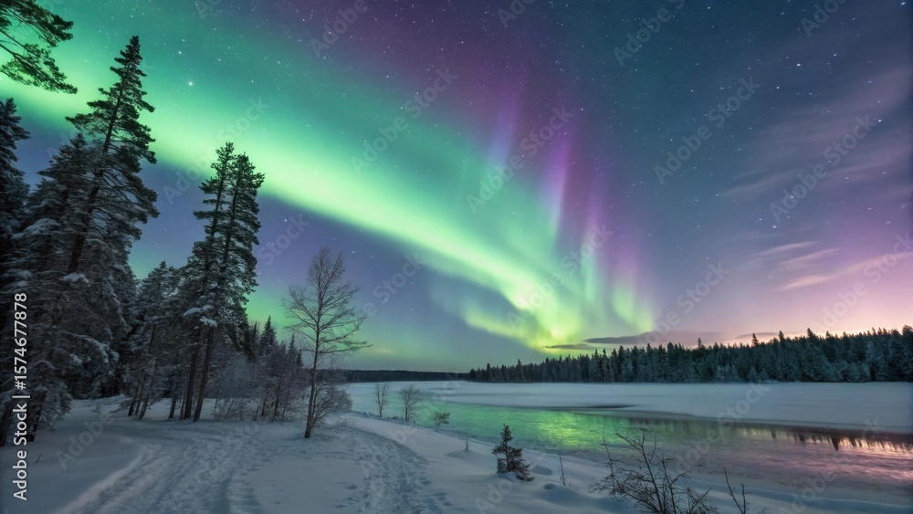 Serene Winter Aurora Borealis over Frozen River and Snow-Covered Forest at Night
Serene Winter Aurora Borealis over Frozen River and Snow-Covered Forest at Night
