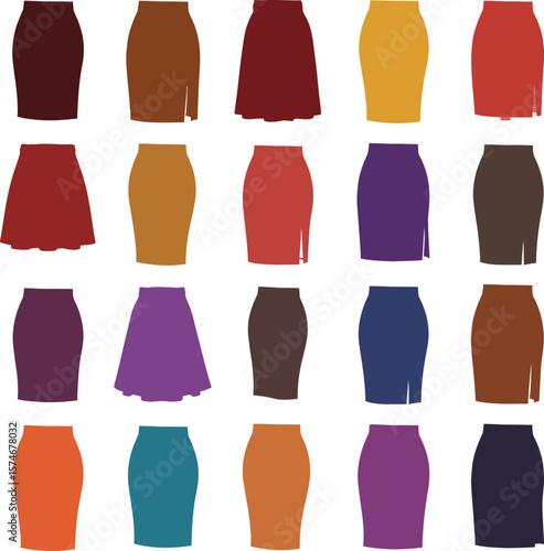 Vector illustration set of diverse women's skirts in various styles, lengths, and colors, including A-line, pencil, and pleated designs, representing fashion, versatility, and female apparel.