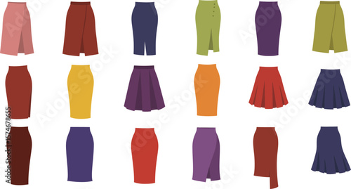 Vector illustration set of diverse women's skirts in various styles, lengths, and colors, including A-line, pencil, and pleated designs, representing fashion, versatility, and female apparel.
