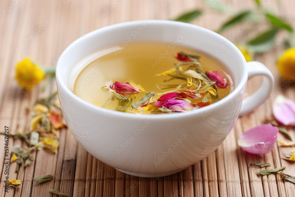 Herbal infusion tea cup with flower petals floating on warm liquid, creating calming and soothing atmosphere for relaxation and wellness Herbal infusion tea cup with flower petals floating on warm liquid, creating calming and soothing atmosphere for relaxation and wellness