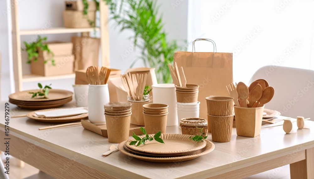Fototapeta premium Zero Waste Dining Concept. Stylish table setting with eco-friendly disposable dishware.