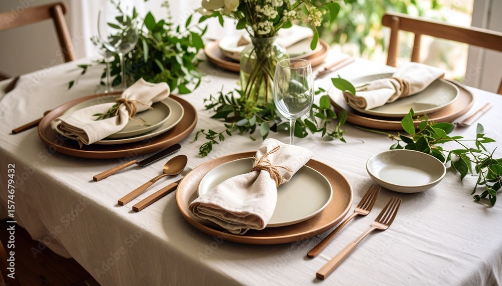 Fototapeta premium Zero Waste Dining Concept. Elegant dining table set with natural decor and succulent plants.