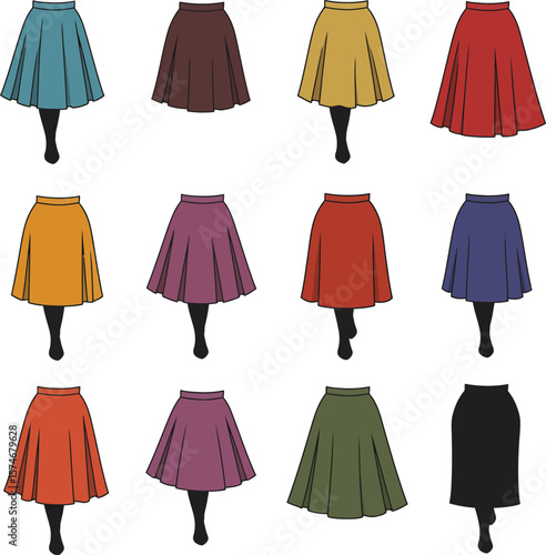Vector illustration set of diverse women's skirts in various styles, lengths, and colors, including A-line, pencil, and pleated designs, representing fashion, versatility, and female apparel.