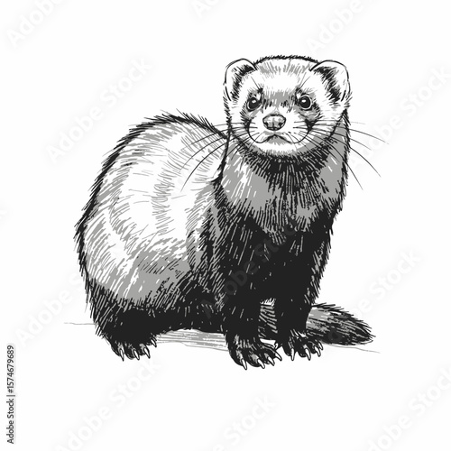 BlackFooted Ferret-Mustela nigripes. A detailed sketch of a ferret, showcasing its elegant fur and small mammal features. The black and white illustration captures the animal's natural pose