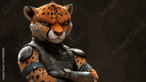 Fierce looking cheetah dressed in bodyguard gear, arms crossed, minimalist background, generative ai