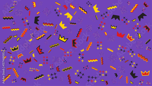 Purple background with colorful crowns and geometric shapes. Abstract vector background for presentation, banner, creative poster design.