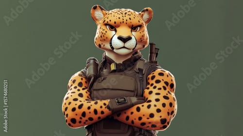 Fierce looking cheetah dressed in bodyguard gear, arms crossed, minimalist background, generative ai