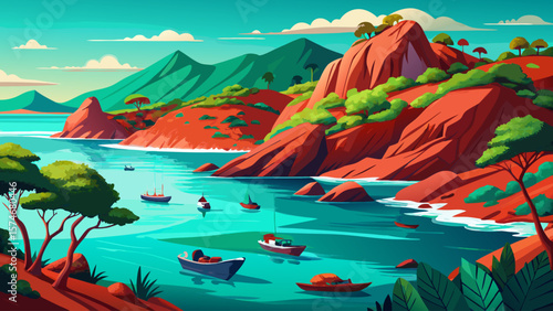 Lake Malawi, Malawi – Turquoise water laps red cliffs against emerald forests. Fishing boats drift in gentle breeze under clear African sky.