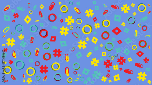 Colorful abstract shapes and hashtags on a blue background. Abstract vector background for presentation, banner, creative poster design.