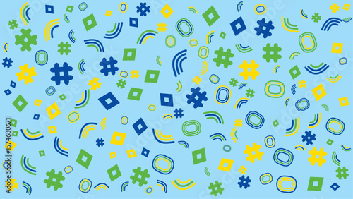 Light blue image shows colorful abstract shapes and hashtag symbols. Abstract vector background for presentation, banner, creative poster design.