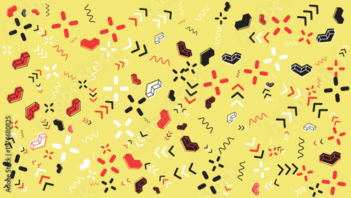 Yellow background with red black and white geometric shapes. Abstract vector background for presentation, banner, creative poster design.