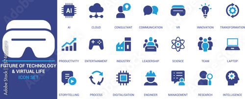 Flat vector icon set on AI, VR, cloud, innovation, and virtual life. Perfect for future tech, digital transformation, productivity, and communication designs.

