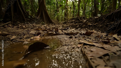 Fototapeta Naklejka Na Ścianę i Meble -  Forest floor streamlet: Fallen leaves, muddy water, tranquil jungle scene