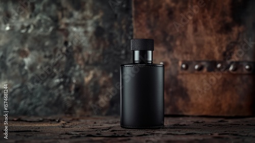 Fragrance bottle with matte black finish, leather and metal textures in background, masculine luxury concept generative ai © Francheska