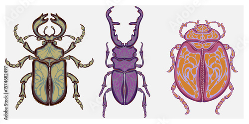 Stylized decorative illustration of a beetle with intricate Art Nouveau patterns inspired by nature.