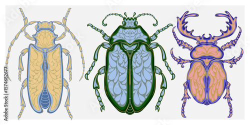 Stylized decorative illustration of a beetle with intricate Art Nouveau patterns inspired by nature.