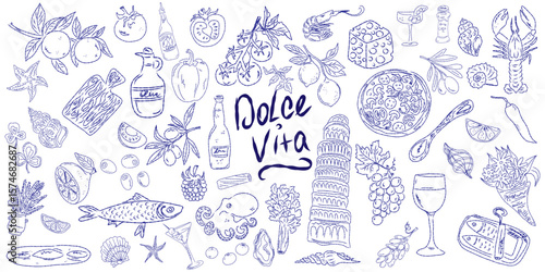 Set of hand drawn summer food icons. Mediterranean la dolce vita. Sketchy whimsical style