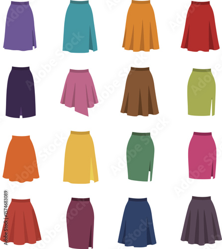 Vector illustration set of diverse women's skirts in various styles, lengths, and colors, including A-line, pencil, and pleated designs, representing fashion, versatility, and female apparel.