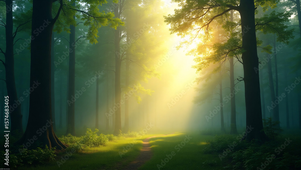 Fototapeta premium Majestic Sunbeam Illuminating a Tranquil Forest Path in Early Morning Mist