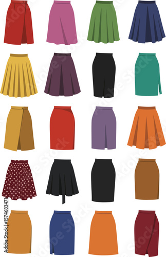 Vector illustration set of diverse women's skirts in various styles, lengths, and colors, including A-line, pencil, and pleated designs, representing fashion, versatility, and female apparel.
