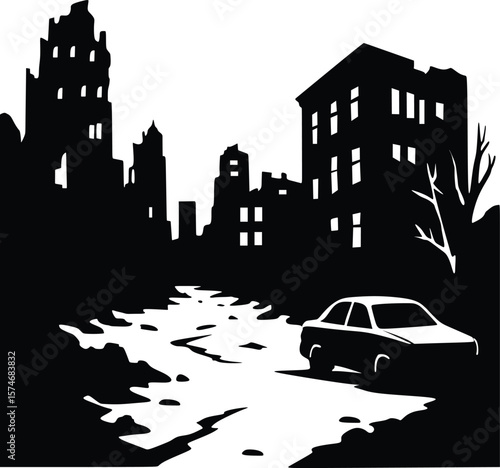 Abandoned City Silhouette with Cracked Road and Car
