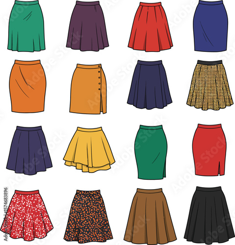 Vector illustration set of diverse women's skirts in various styles, lengths, and colors, including A-line, pencil, and pleated designs, representing fashion, versatility, and female apparel.