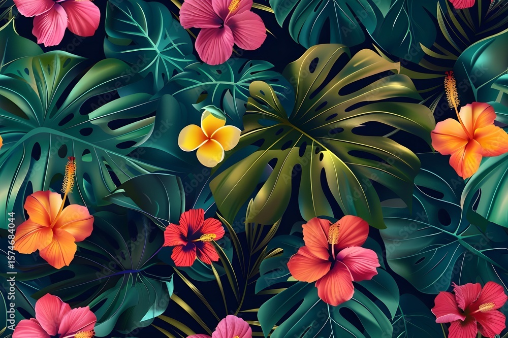 Seamless tropical floral pattern, vibrant hibiscus and plumeria flowers, bold monstera leaves, colorful jungle theme, exotic nature, tileable surface Seamless tropical floral pattern, vibrant hibiscus and plumeria flowers, bold monstera leaves, colorful jungle theme, exotic nature, tileable surface