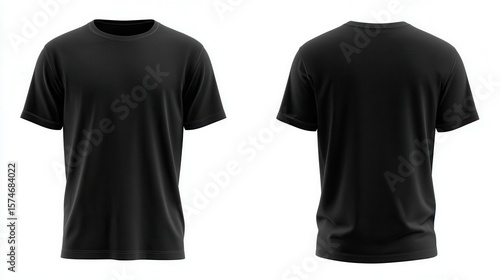 High quality photo of blank black tshirt front and back views isolated on white apparel mockup design.