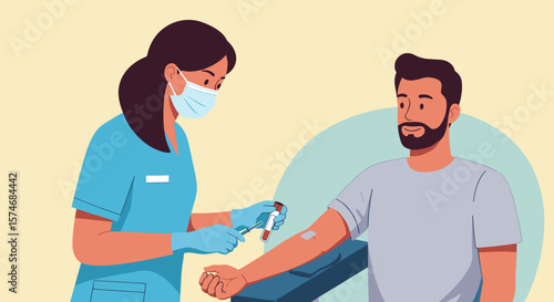 Nurse taking blood sample from patient in medical office setting  