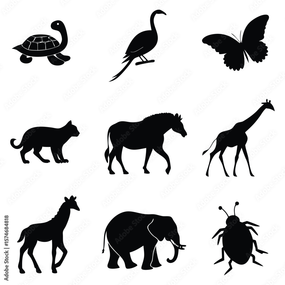 Fototapeta premium Collection of silhouette animal shapes representing various species