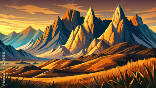 Drakensberg Mountains, South Africa – Jagged peaks and ridges rise above grassy foothills. Golden light drapes the majestic escarpment in serenity.