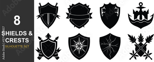 Collection of heraldic shields and crests vector design silhouette