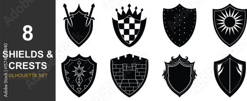 Collection of heraldic shields and crests with decorative elements silhouette