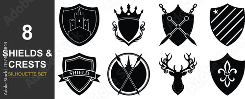 Collection of heraldic shields and crests for design projects silhouette